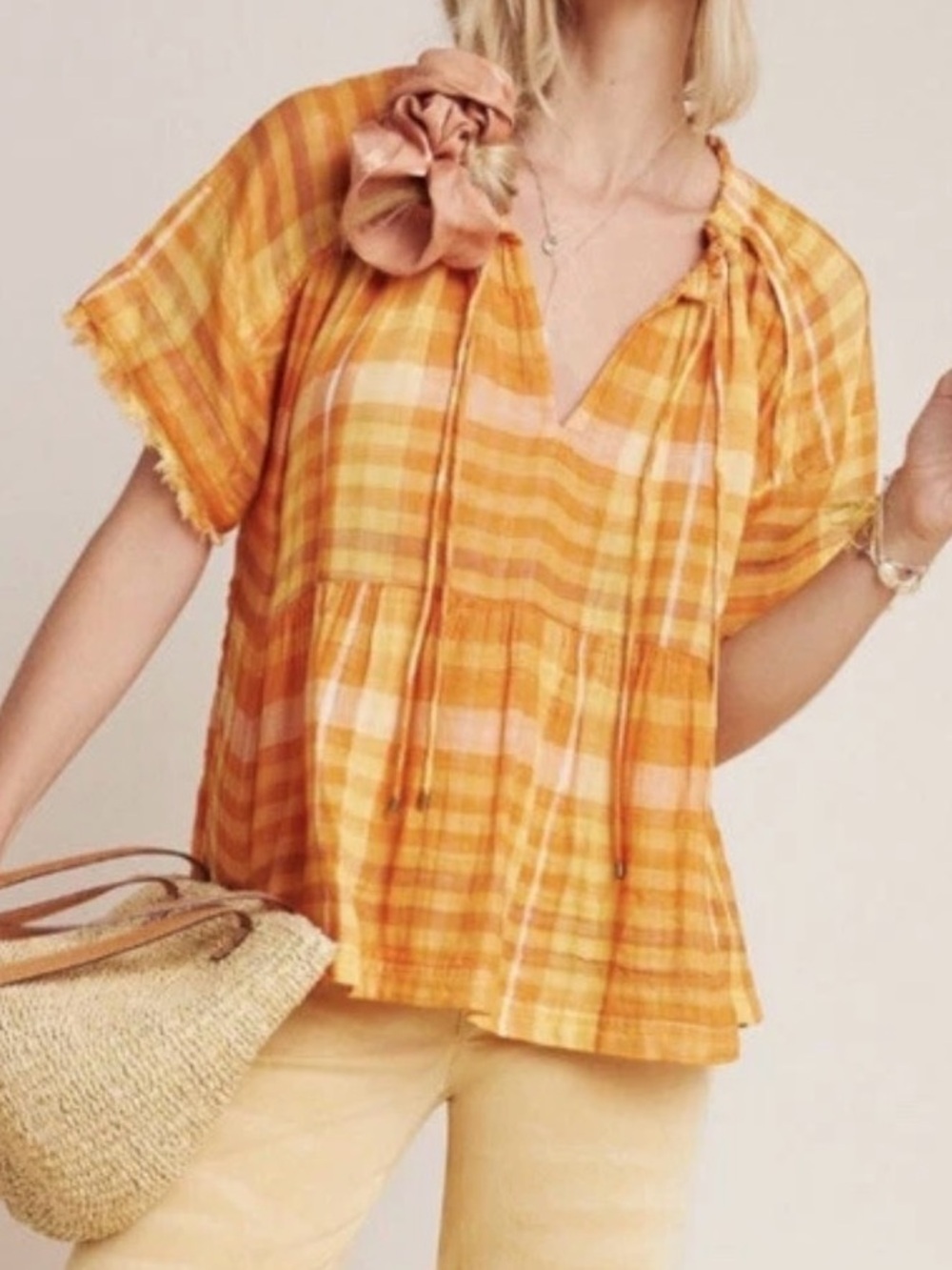 Anthropologie Pilcro The Bette Babydoll Top Small Orange Tie Neck Flowy Peasant